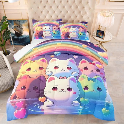 Rainbow Cat Comforter Full Size - Rainbow Cat Bedding for Girls Room Cute Cartoon Rainbow Bedding Full Comforter Sets for Kids, 1 Comforter+2 Pillowcases