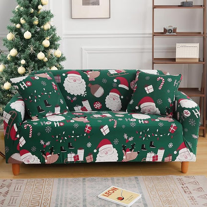 Mybedsoul Christmas Printed Sofa Cover Santa Claus Elastic Couch Cover Machine Washable Christmas Theme Red Sofa Slipcover for Living Room(3 Seater)
