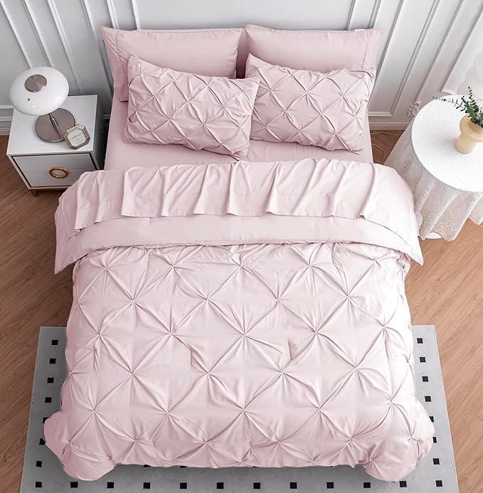 LANE LINEN Full Size Bed Set, 7 Piece Full Size Bed in a Bag Set, Soft Bedding Sets Full Size, Pintuck Full Bed Set, Full Size Comforter Sets for Girls with Sheets, Pillowcases & Shams - Sepia Rose