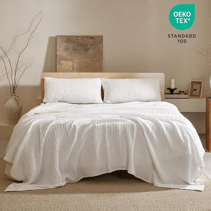 PHF 100% Cotton Waffle Weave Blanket Queen Size, Soft Lightweight Breathable Cozy Summer Blankets for Bed, Luxury Aesthetic Woven Bedding for Home Decor, 90"x90", White