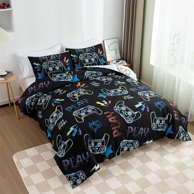 Meeting Story Gamer Gaming Bedding Sets Fluorescence Gamepad Comforter Set for Boys Games Console Action Buttons Novelty Colorful Modern Room Decor Home Quilt Set (Black, Twin)
