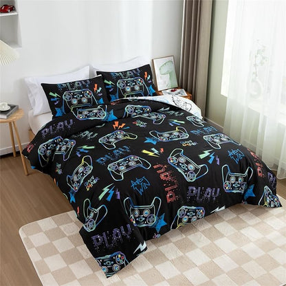 Meeting Story Gamer Gaming Bedding Sets Fluorescence Gamepad Comforter Set for Boys Games Console Action Buttons Novelty Colorful Modern Room Decor Home Quilt Set (Black, Twin)