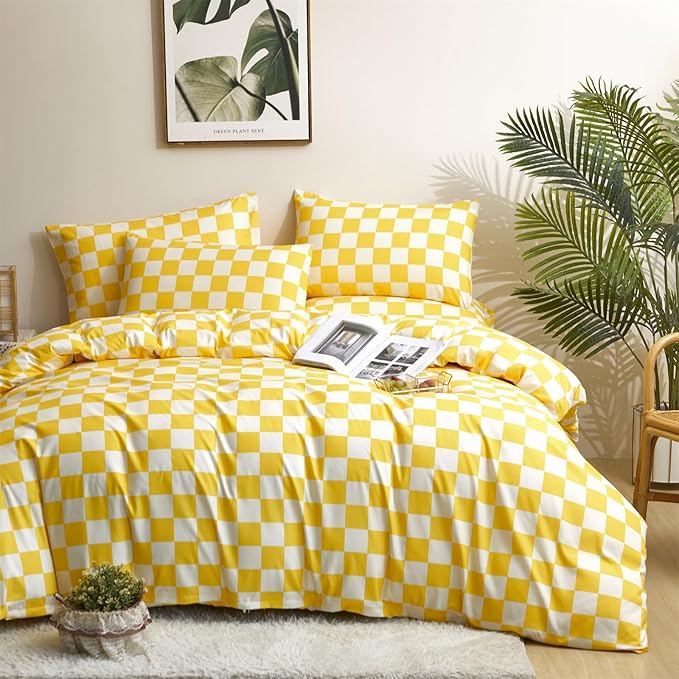 Yellow White Grid Comforter Set Full Yellow Plaid Bedding Set Girls Yellow and White Checkered Bed Comforter Set Breathable Blanket Set Kids Durable Bedding Comforter Set