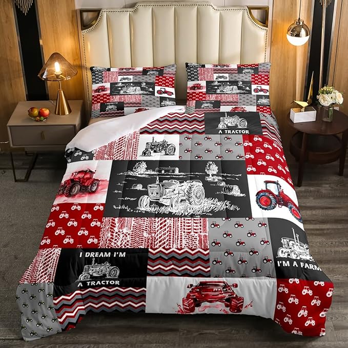 Erosebridal Red Tractor Bedding Set for Boys Twin,Construction Tractor Comforter Set Kids Teens Equipment Trucks Down Comforter Black White Construction Vehicle Quilt Set Bedroom Decor