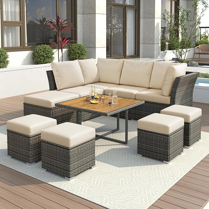 9-Pieces Outdoor Rattan Sectional Sofa Set, Wicker Patio Conversation Furniture with L-shape Couch&Storage Ottomans, Acacia Wood Coffee Table, for Garden Yard, Gray Wicker&Beige Cushion