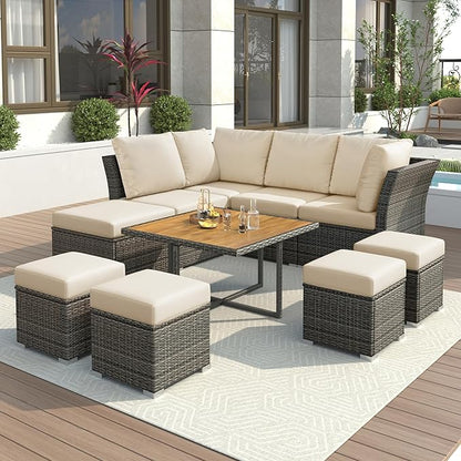 9-Pieces Outdoor Rattan Sectional Sofa Set, Wicker Patio Conversation Furniture with L-shape Couch&Storage Ottomans, Acacia Wood Coffee Table, for Garden Yard, Gray Wicker&Beige Cushion