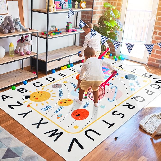 Soft ABC Kids Rug,110.2x78.7 in Washable Large Classroom Rug,Non-Slip Educational Kids Room Rug,Cute Solar System Playroom Area Rug for Classroom Playroom Bedroom Kids Room Decor