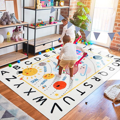 Soft ABC Kids Rug,110.2x78.7 in Washable Large Classroom Rug,Non-Slip Educational Kids Room Rug,Cute Solar System Playroom Area Rug for Classroom Playroom Bedroom Kids Room Decor