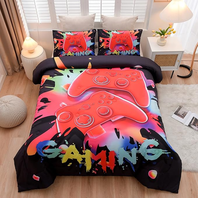 Aimuan Gaming Comforter Sets for Boys Kids Bedding Sets Video Games Console Action Buttons Novelty Colorful Game Gamepad Controller Modern Gamer Room Decor Home Quilt Set (Queen, Black)