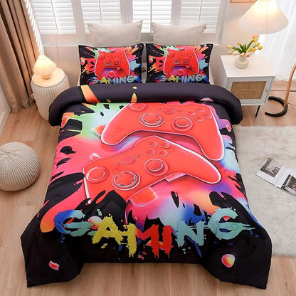 Aimuan Gaming Comforter Sets for Boys Kids Bedding Sets Video Games Console Action Buttons Novelty Colorful Game Gamepad Controller Modern Gamer Room Decor Home Quilt Set (Queen, Black)