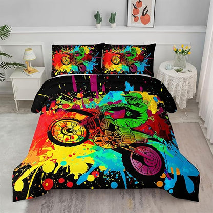 Axolotl Motocross Bedding Set Full,Dirt Bike Comforter Set,Extreme Sports Bedding,Motorcycle Racer Comforter Set Motocross Comforter Motor Vehicles Biker for Boys Kids Teens Men,1 Quilt 2 Pillowcases