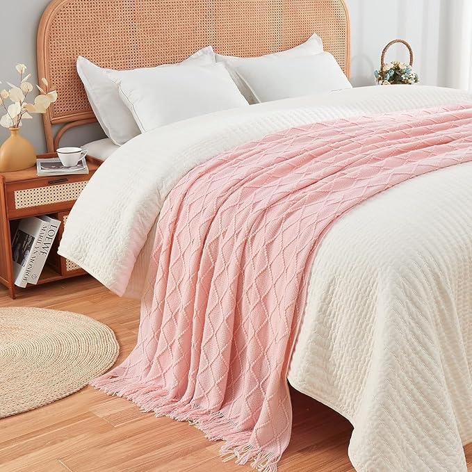 inhand Knitted Gift Throw Blankets for Couch and Bed,Valentines Day Decor Blanket for Her Him Girlfriend Wife, Pink Romatic Lightweight Decorative with Tassel, Farmhouse Warm Woven for Women, 60"x80"