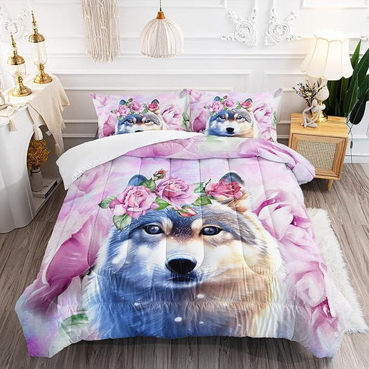 Wolf Comforter Set Tie Dye Wolf Bedding Set for Kids Teens Room Decor Romantic Pink Rose Wild Animals Comforter with 2 Pillowcases