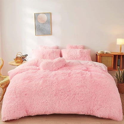 Fluffy Faux Fur Pink Comforter Cover Set Queen - Ultra Soft Plush Pink Bedding Sets 3 Pieces (1 fluffy duvet cover + 2 Faux Fur Pillow case) Cute Pink Bed Set (Light Pink, Queen)