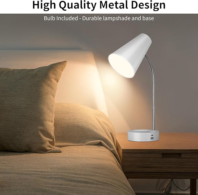 RUNTOP Desk Lamp, Desk Lamps for Home Office with 5 Color Modes 5 Brightness Dimmer Reading Light & USB Port, Type C port, 7W LED Table Lamp, 360° Flexible Gooseneck Lamp Light for Bed Bedside, White
