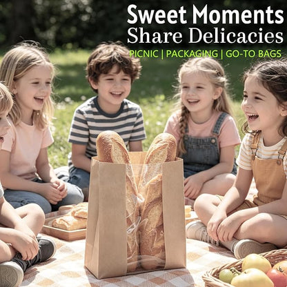 Extra Large Paper Bread Bags for Homemade Bread with Window & Sticker for XL Sourdough Breads, Round Loaf, Baked Goods, Oval Loaves, Brown Kraft - 20 Pcs 16x10x5 Inch