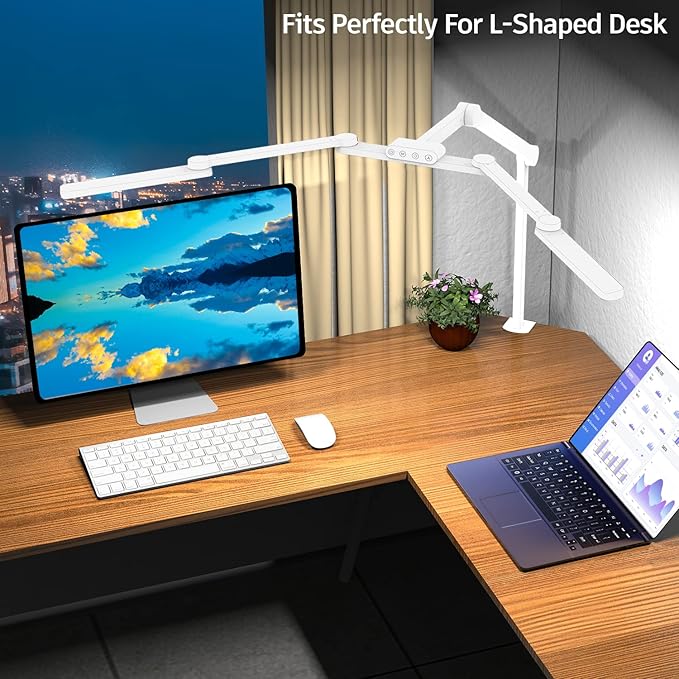 Transformable LED Desk Lamp, 41.5" Large Architect Desk Lamp with Clamp, White Computer Desk Light for Home Office, 24W Ultra Bright Auto Dimming Office Lighting Table Light for Crafting