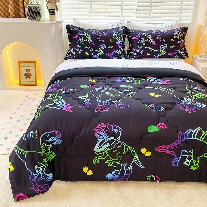 7 Piece Boys Dinosaur Comforter Bedding Set Bed in A Bag Full Size for Kid Girls Teens Dinosaurs Animal 3D Print Gradient Line Bedding Set with Comforter Sheet Set Pillowcase and Sham