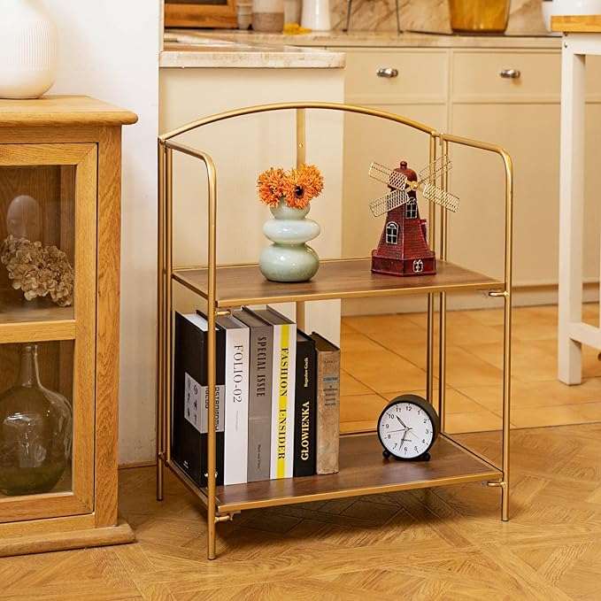 No Assembly Folding Bookshelf for Living Room, 2 Tier Gold Collapsible Book Shelf for Home Office, Portable Bookcase Storage Organizer