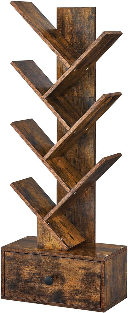 7 Tier Tree Bookshelf with Drawer, Tree Bookcase, Floor Standing Tall Wood Bookshelves for Bedroom, Living Room, Home Office, Rustic Brown