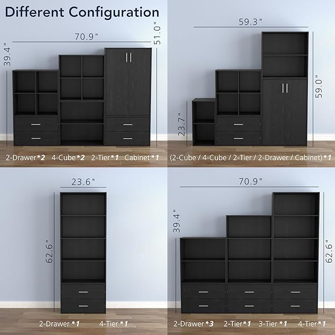 Apexa 3 Cube Storage Organizer Shelves, Stackable Wood Bookcase Fits Cubby Bins for Organization, Dorm Teen Room Decor & Home Office, Black