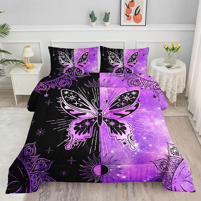 Datura home Black Purple Butterfly Comforter Set for Girls Women,Boho Butterfly Sun and Moon Mandala Printed Bedding Set with 2 Pillowcases(Black Purple Queen)