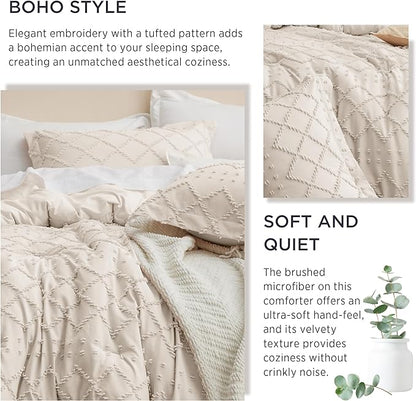 Bedsure Queen Comforter Set - Beige Comforter, Boho Tufted Shabby Chic Bedding Comforter Set, 3 Pieces Vintage Farmhouse Bed Set for All Seasons, Fluffy Soft Bedding Set with 2 Pillow Shams