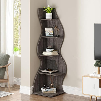 Small Corner Shelf, Modern 5-Tier Wall Corner Bookshelf, Stylish Bookcase Storage Rack for Small Space,Living Room. Bedroom