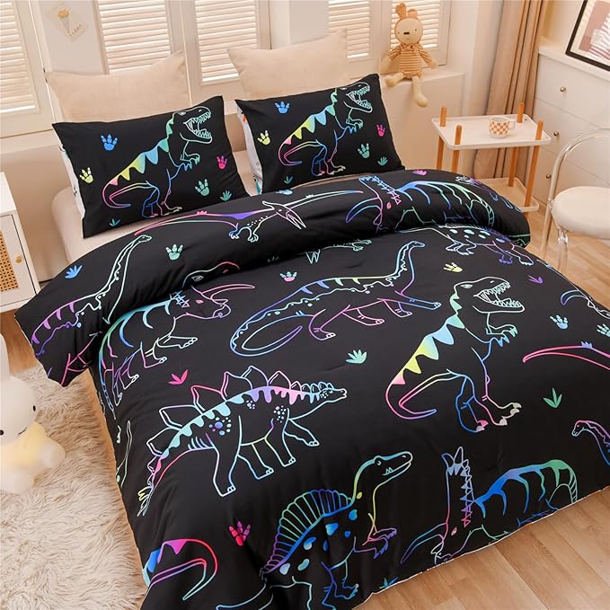 Meeting Story Dinosaur Comforter Set,Fluorescence Dinosaur Colorful Pattern Twin Comforter Set, 3 PCS 1 Comforter and 2 Pillowcases in One Bag, All Season Bedspread for Kids Teens Adults(Full)