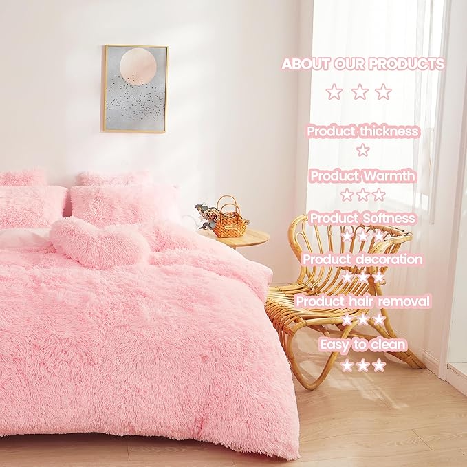 Fluffy Faux Fur Pink Comforter Cover Set Queen - Ultra Soft Plush Pink Bedding Sets 3 Pieces (1 fluffy duvet cover + 2 Faux Fur Pillow case) Cute Pink Bed Set (Light Pink, Queen)