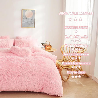Fluffy comforters Cover twin size - Ultra Soft Plush pink bedding Sets 2 Pieces (1 faux fur comforter Cover + 1 fuzzy pillow case) girls shaggy Pink twin bed set (Light Pink, Twin)