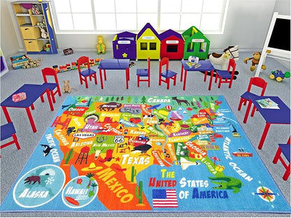 KC Cubs Playtime Collection USA United States Map Educational Learning & Game Area Rug Carpet for Kids and Children Bedrooms and Playroom (3'3" x 4'7")