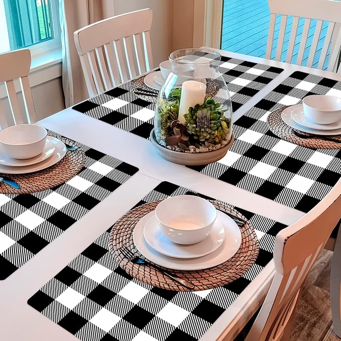 Black and White Plastic Placemats Set of 6 Check Plaid Table Mats Black Buffalo Plaid Place Mats Wipe Clean Washable Table Placemats for Indoor Outdoor Heat Resistant Kitchen Dining Table