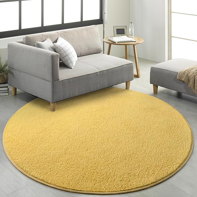 Round Area Rugs for Bedroom Living Room, 4x4 Yellow Super Soft Comfy Thickened Memory-Foam Indoor Circle Carpets, Modern Aesthetic Minimalist Carpet for Boys Girls Adults Nursery Home Décor