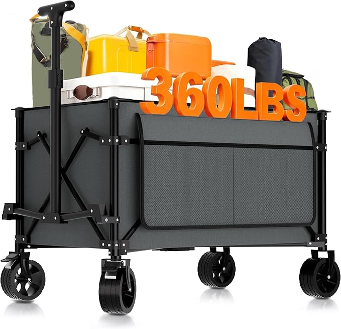 Favoyard Collapsible Wagon Carts Foldable 150L & 360LBS Portable Folding Wagons with All-Terrain Wheels & Brakes Heavy Duty Outdoor Utility Cart for Beach Grocery Camping Shopping Sports Garden, Grey