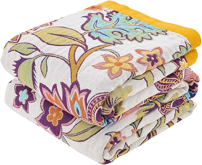 Boho Throw Blanket for Bed, 100% Cotton Soft Rustic Quilt Fall Blanket, 90"x98" Floral Printed Farmhouse Decor Bed Blankets, All Season Rustic Reversible Bohemian Throw Quilt