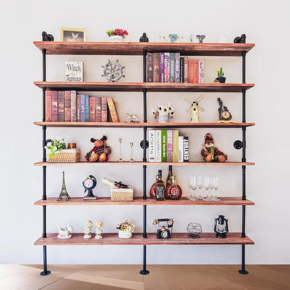 Industrial Ladder Shelf Bookcase, Wall Mounted Rustic Bookshelf, Retro Wood Metal Pipe Industrial Shelves for Living Room(Weathered Brown, 6 Tier - 10" D x 70" W x 82.5" H)
