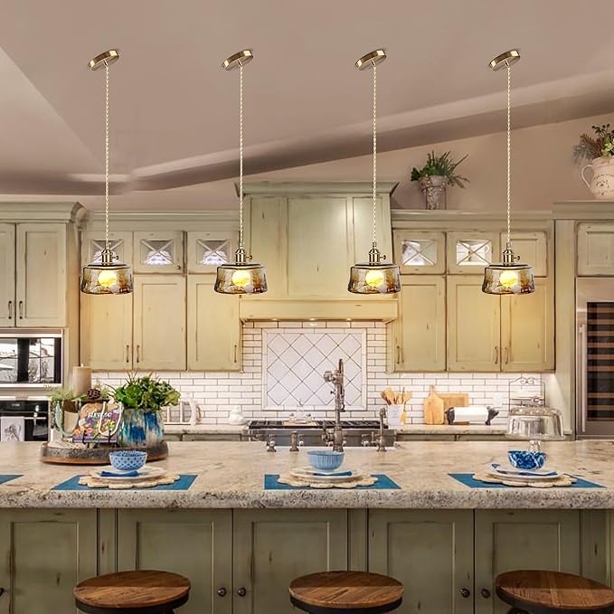 Sedelan Galss Pendant Light, Vintage Pendant Lights Kitchen Island Adjustable Tea Color-Amber Hanging Light Fixture for Living Room Dining Room Bedroom E26
