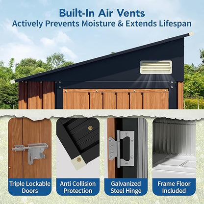 8x4 Ft Outdoor Metal Shed, Storage Shed with Floor, Updated Frame Structure & Triple Lockable Doors, Large Garden Tool Shed for Backyard, Patio, Lawn & Utility Storage