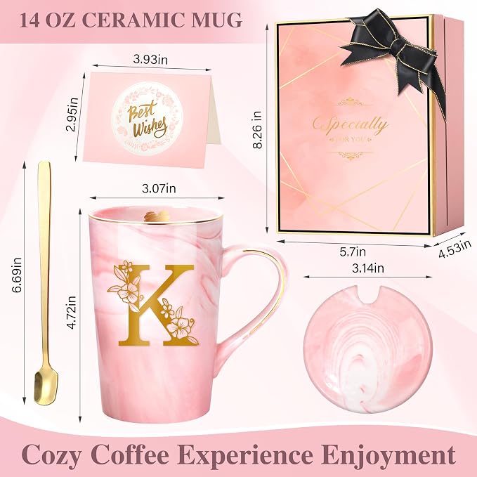Coffee Mugs - Personalized Gifts for Women, Initial Customized Ceramic Marble Cups 14 Oz Pink, Luxury Christmas Mother's Day Birthday Gift for Mom Grandma Girlfriend Friend Unique,K