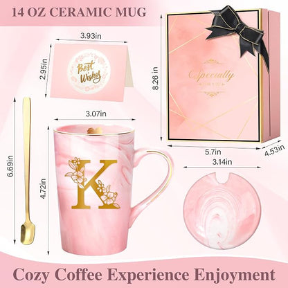 Coffee Mugs - Personalized Gifts for Women, Initial Customized Ceramic Marble Cups 14 Oz Pink, Luxury Christmas Mother's Day Birthday Gift for Mom Grandma Girlfriend Friend Unique,K