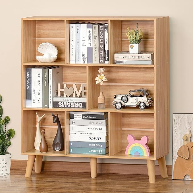 LEYAOYAO Wooden 8 Cube Book Shelf, Natural 3 Tier Bookshelf with Legs, Modern Open Storage Organizer,Boho Bookcase,Display Cabinet Shelf Free Standing Bookshelves for Bedroom,Living Room,Office