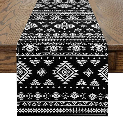 Feelyou Khaki Southwestern Aztec Table Runner Western Bohemian Kitchen Dining Decoration for Home Party 13x108 Inch Geometric Vintage Home Decor for Living Room Boho Tribal Black and White
