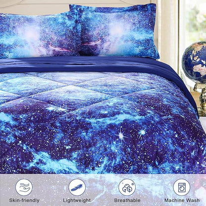 Wowelife Galaxy Bedding Sets for Girls and Boys 5-Piece Queen Size, Premium 3D Outer Space Galaxy Comforter Set Blue, Comfortable and Soft for Kids and Adults(Queen-5 Piece, Blue Galaxy)