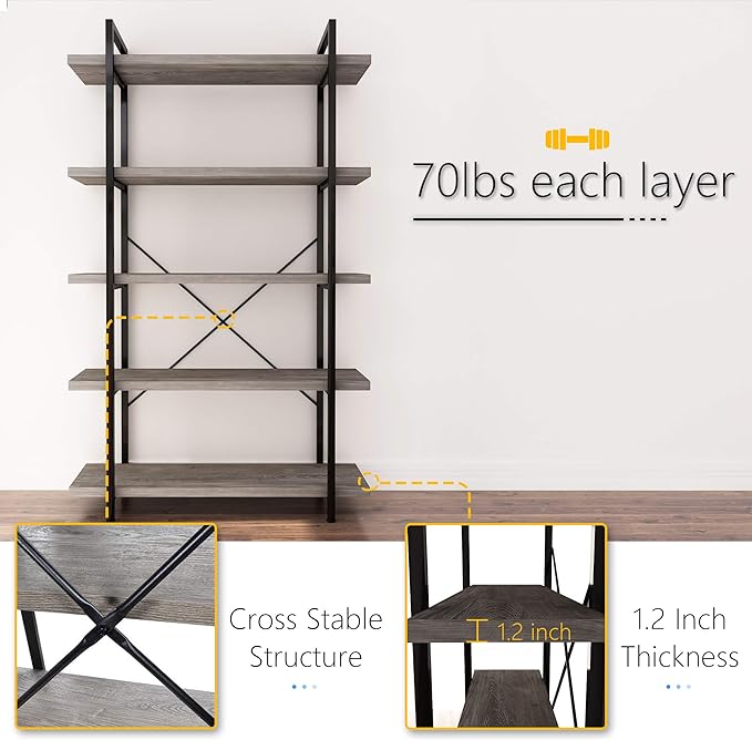 45MinST 5-Tier Vintage Industrial Style Bookcase/Metal and Wood Bookshelf Furniture for Collection, Gray Oak, 3/4/5 Tier (5-Tier)