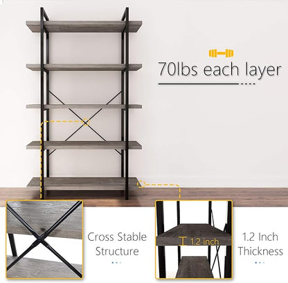 45MinST 5-Tier Vintage Industrial Style Bookcase/Metal and Wood Bookshelf Furniture for Collection, Gray Oak, 3/4/5 Tier (5-Tier)