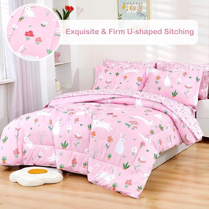 Mooreeke Bed in a Bag for Kids Girls Teens, 5 Pieces Twin Size Comforter Bed Set with Shams, Sheet Set, Rabbit Pink Super Soft Microfiber Kids Comforter Bedding Set