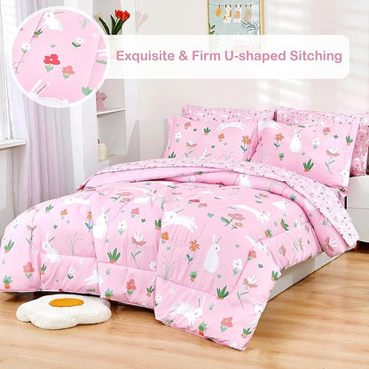 Mooreeke Bed in a Bag for Kids Girls Teens, 5 Pieces Twin Size Comforter Bed Set with Shams, Sheet Set, Rabbit Pink Super Soft Microfiber Kids Comforter Bedding Set
