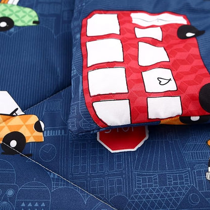 MAG 3Pcs Cartoon Car Comforter Set, Blue Cute Base Full Bedding Comforter Set,for Toddlers Kids,Boys Teens and Girls,Super Soft Microfiber, Full Size