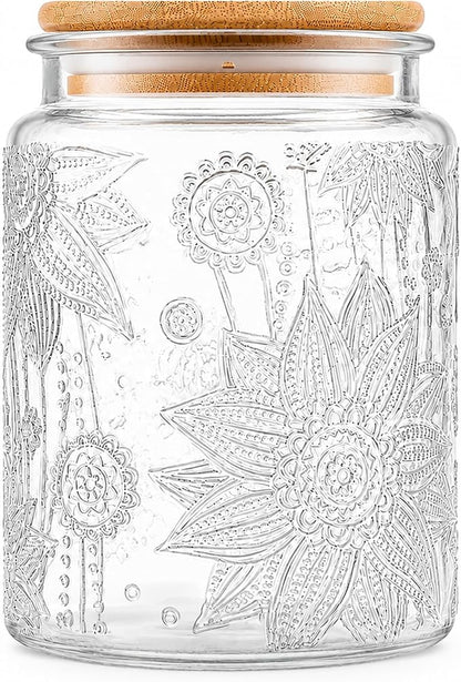 Vintage Glass Jars With Lids, 23.7oz Airtight Food Storage Containers,Kitchen Canisters For Sugar, Coffee, Tea, Spice, Flour, Candy Cookie, Pasta, Cereal, Cute Decorative Jars(Sunflower*1)